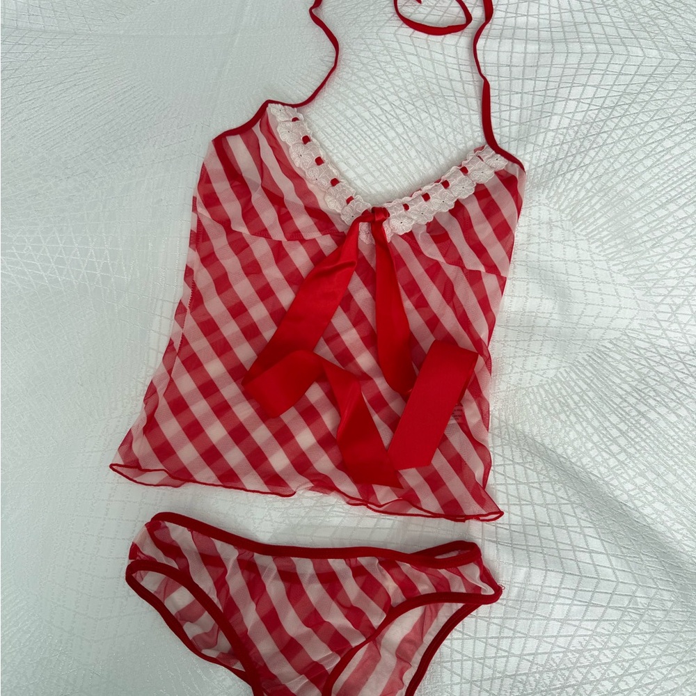 Leg Avenue Red and White Striped Mesh Fabric cami set